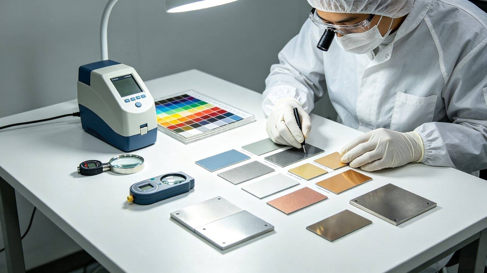 Correspondance des couleurs en revêtement en poudre : RAL, Pantone et couleurs personnalisées Researcher matching powder coating colors in the lab