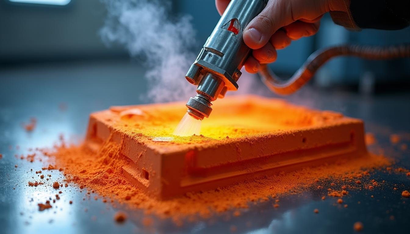Electrostatic powder coating spray gun applying powder to a complex metal part
