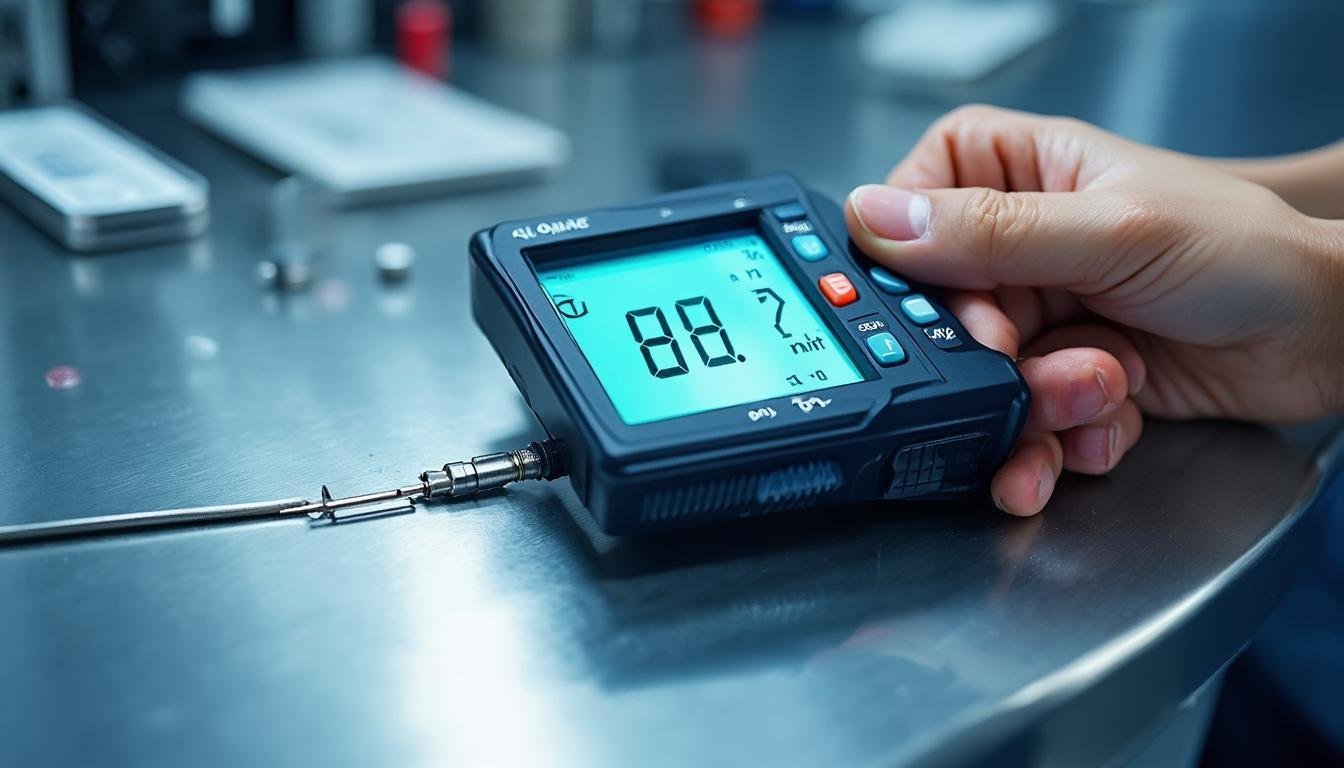 Digital coating thickness gauge measuring dry film thickness on powder coated metal
